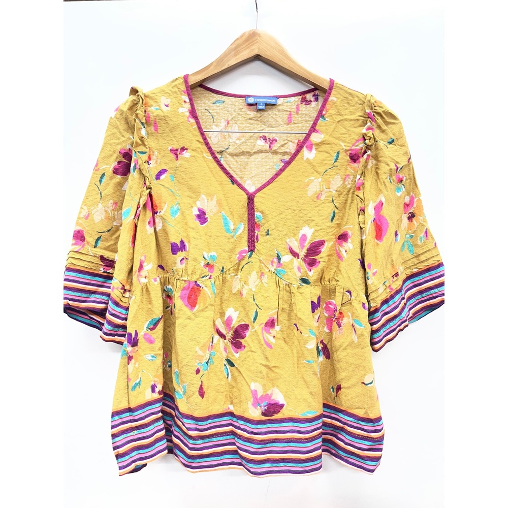 Democracy Mustard Yellow Floral Babydoll Top V-Neck Ruffle Shoulder Small